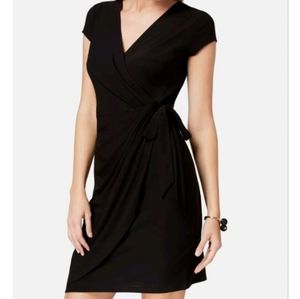 NWT INC Black Faux Wrap Dress Ruched & Tie Women's XS VNeck Pullover